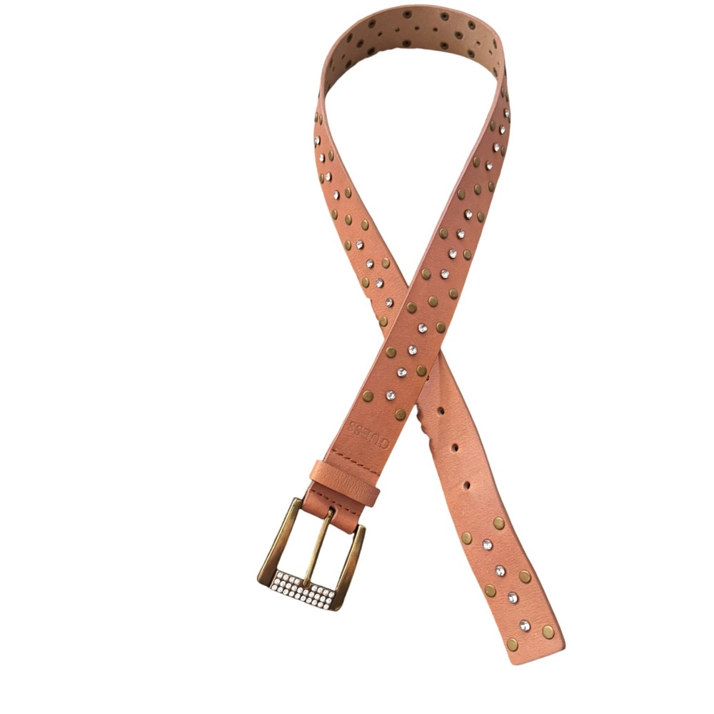Guess Womens Leather Studded Rhinestone Brass Buckle Belt Tan Med 34-36 Preloved